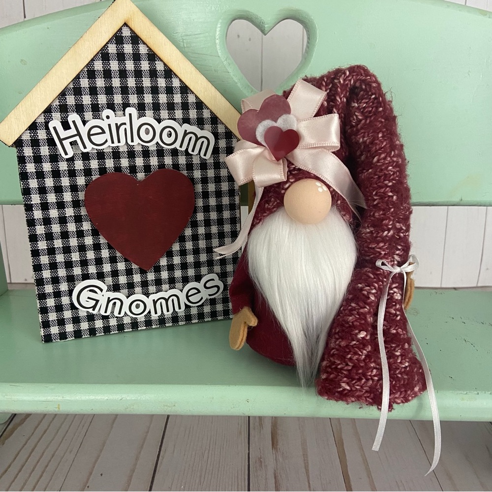 Valentine’s Day Gnome White Faux Fur Burgundy Flannel Sweater Hat Handmade